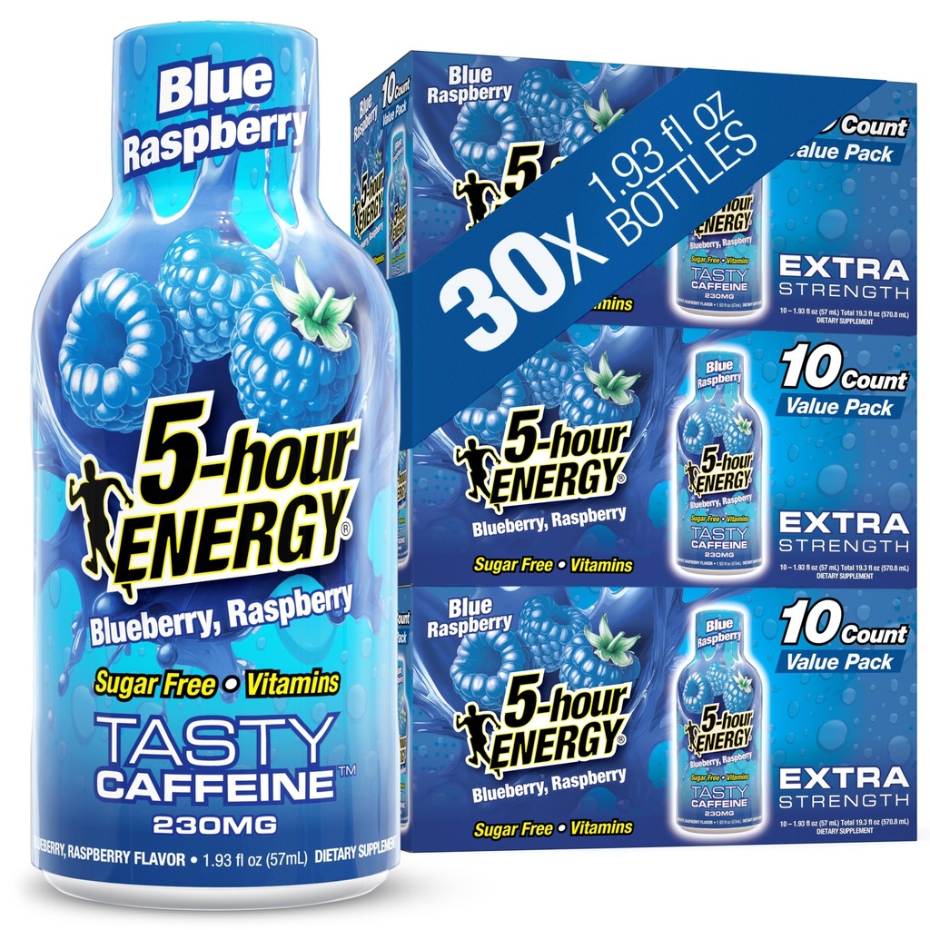 5-hodinová ENERGY Shots Extra sila, Modrá Malinová príchuť, 30 Počet, 1,93 Fl Oz, bez cukru, Zero kalórií, Aminokyseliny a esenciálne B vitamíny, Dietary Supplement, Feel Alert and Energized, 230 mg kofeínu