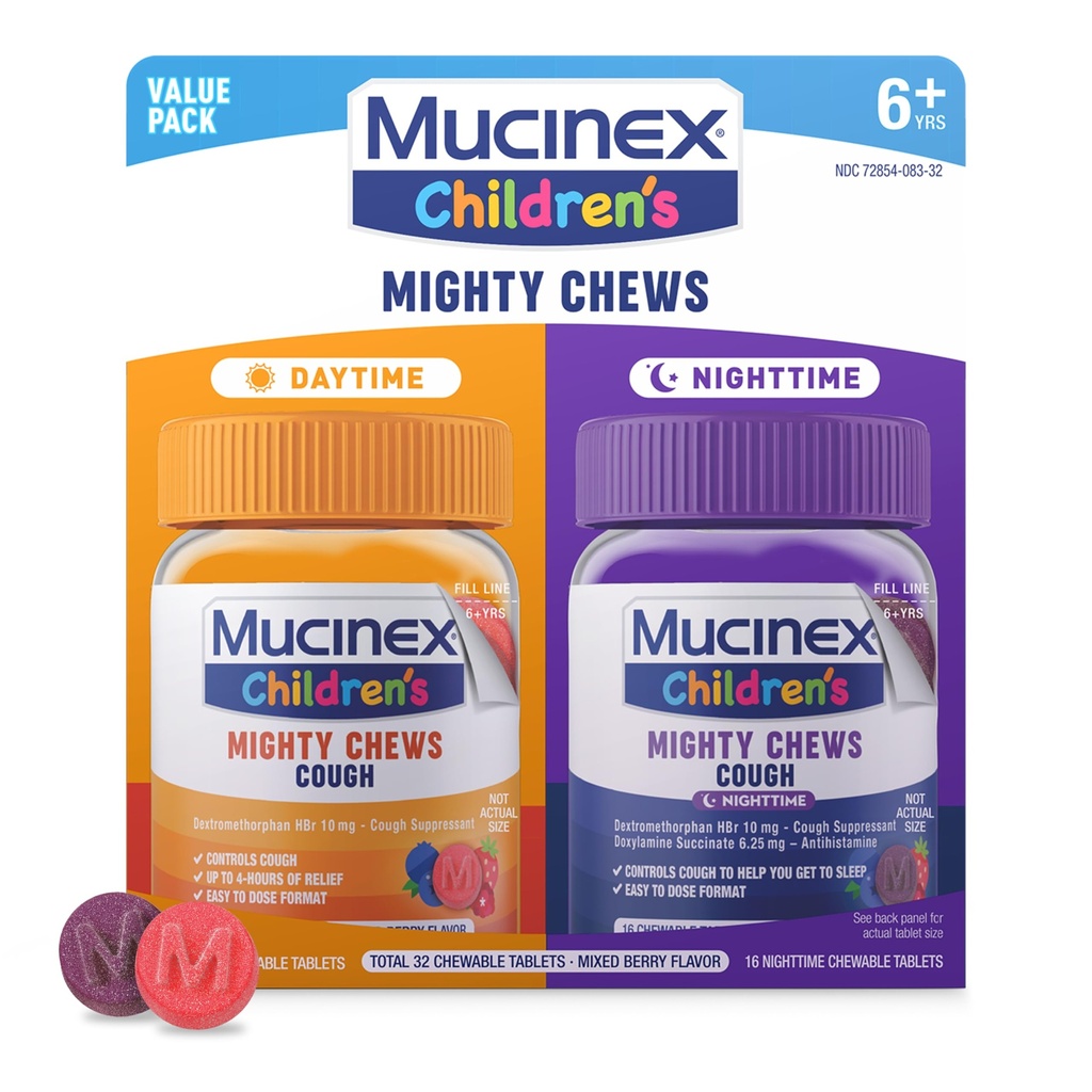 Mucinex Detské Mocné Chews Deti Kašeľ Medicína Denná a nočná hodnota balenia, Ľahko dávkovať Kašeľ Potláčateľ pre deti s Dextrometorfán, Zmiešané Berry Flavor, 32 Medikované Žuvacie tablety