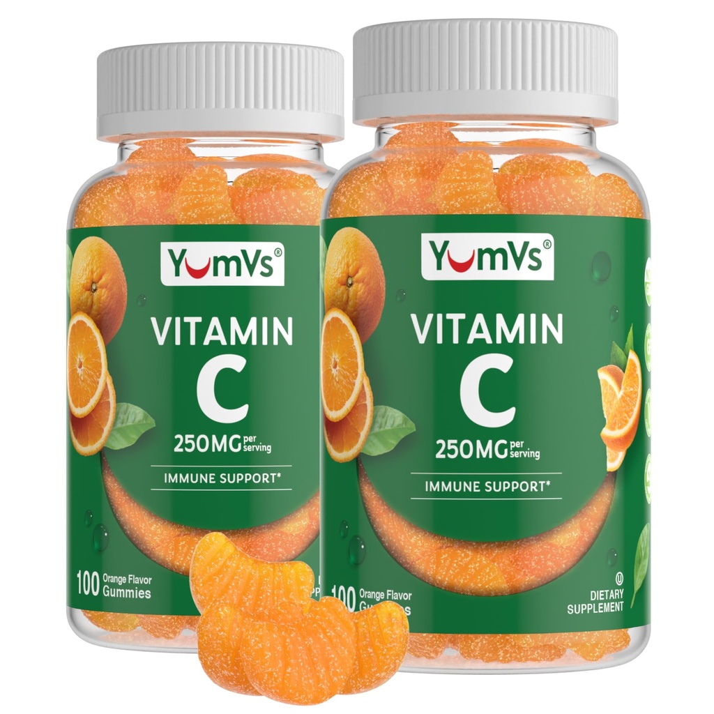YumVs vitamín C Gumies pre dospelých - 250 mg pomarančovo ochuteného vitamínu C Gummy - vitamín C žuvacie imunitné tampóny pre dospelých - Imunitná podpora doplnkov - Kosher, Halal, bez lepidla (200 g), 2 balenia