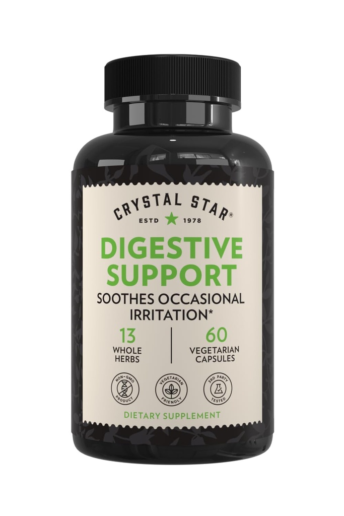 Crystal Star Tráviaca podpora Supplement (60 Kapsule) - Bylinné Gut zdravie doplnok, ktorý pomáha s príležitostným plynom a špongiou - Peppermint, Aloe Vera, Slippery Elm & Ginger
