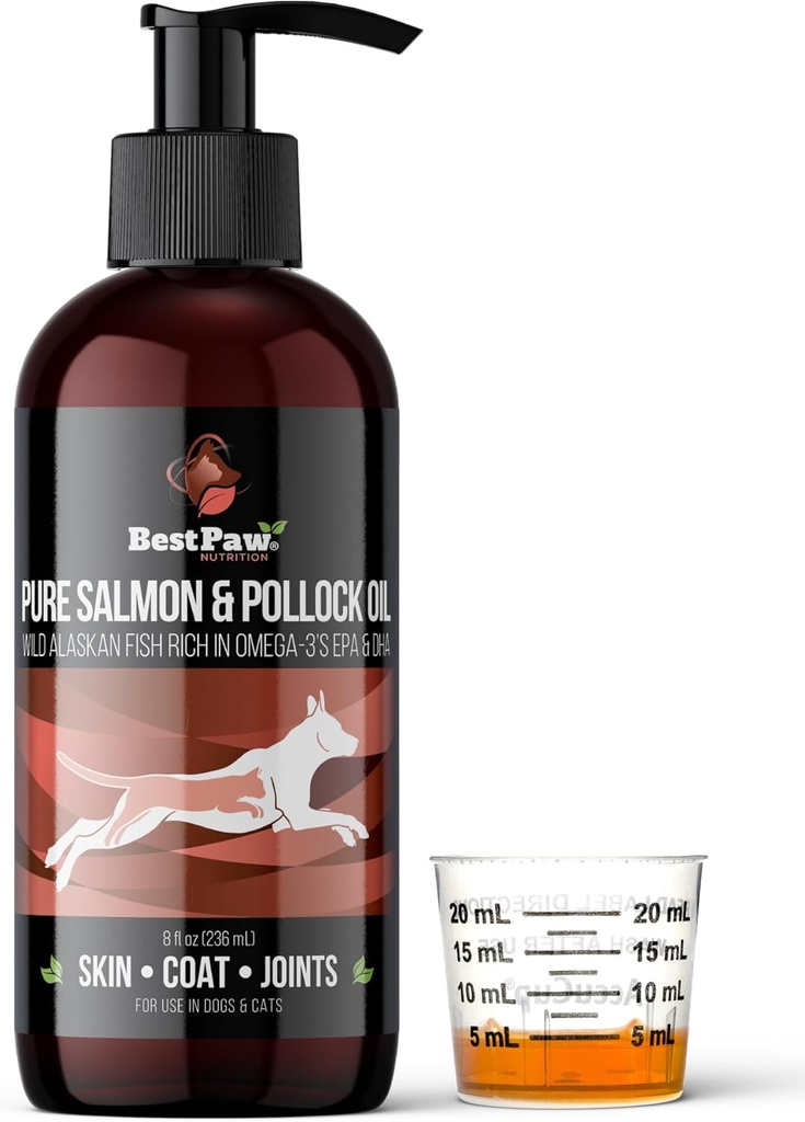 Pure Wild Aljašský losos a pollock Oil pre psy a mačky Koža a pleť - Rybí olej Tekutý s čerpadlom - Podporuje spoločnú funkciu a zdravie srdca - Omega 3 Liquid Food Supplement - All Natural EPA + DHA - 8oz