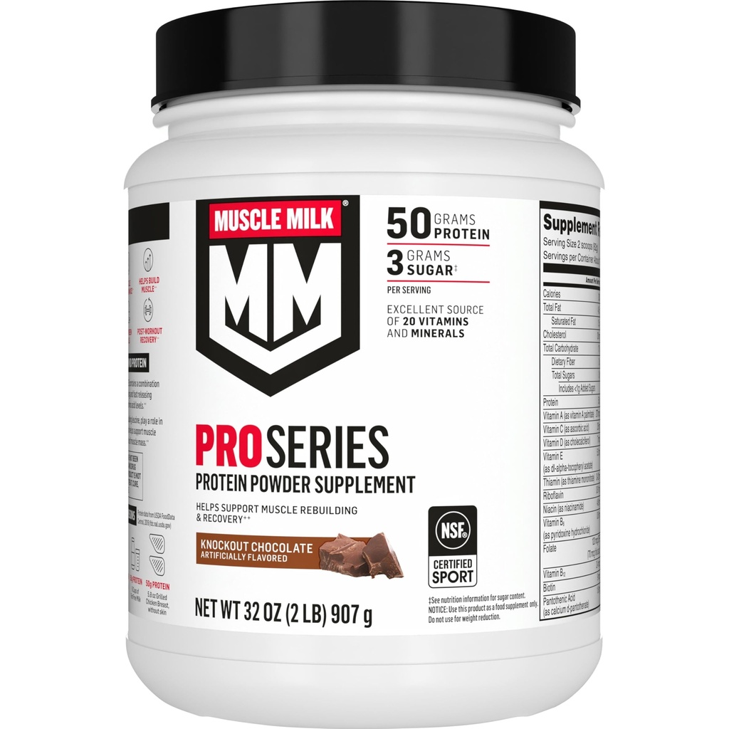 Svalové mlieko Pro Series Pro Pro Protein Powder Supplement, Knockout Čokoláda,2 libra,11 Podáva,50g Protein,3g Cukor,20 Vitamíny a minerály,NSF Certified for Sport,Workout Recovery,Backaging May Vary