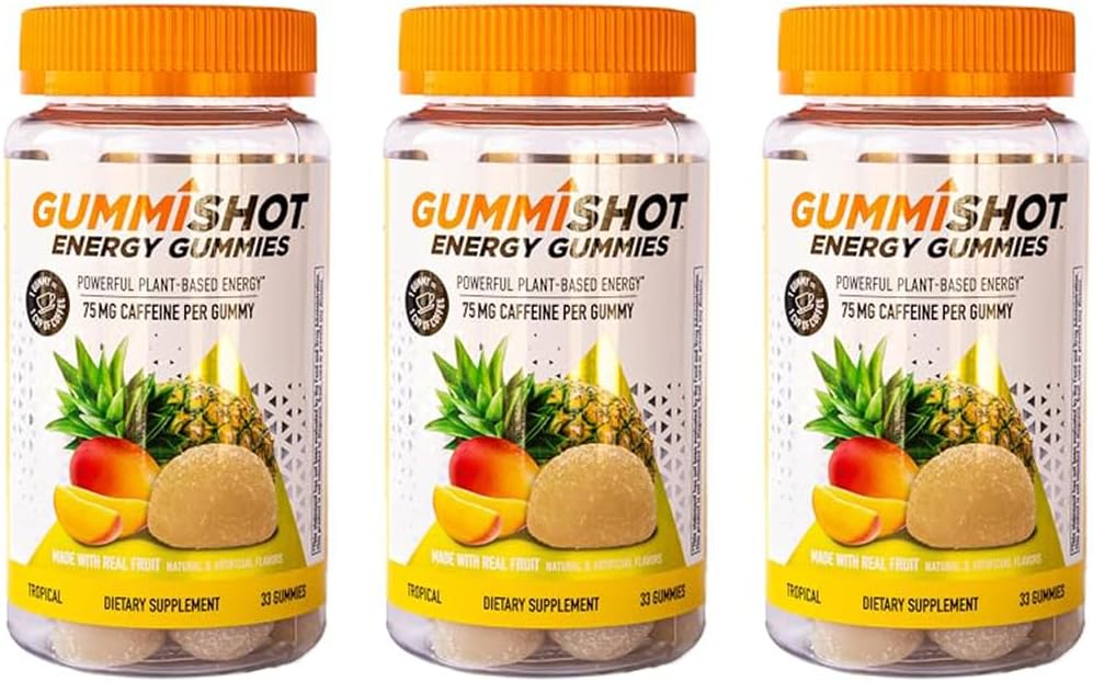 GummiShot Energy Gummies, 2475 mg Plant-Based Caffeine Chews per Bottle, Long Lasting Energy Boosters, Tropical 33 Count (Pack of 3)