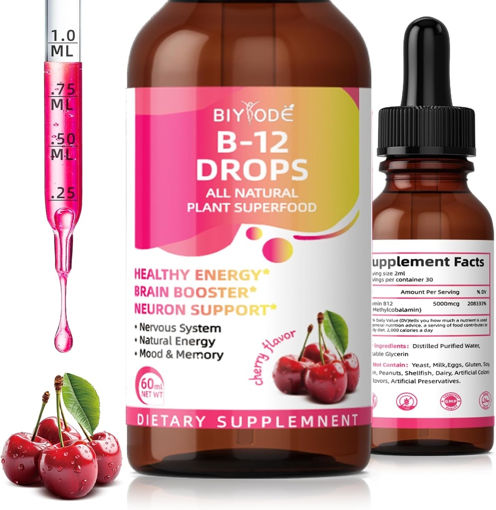 Vitamín B12 5000 mcg Liquid Drops All Natural Plant Superfood Healthy Energy Booster Neurón Podpora Nervový systém Prírodná energia Mood Memory 60ml Net Wt Cherry Flavor