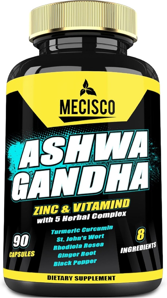 8in1 Organické Ashwagandha Doplnky pre mužov a ženy 3 Mesiac Zásobovanie - 5640mg s zinkom, vitamínD, kurkuma, ľubovník bodkovaný, Rhodiola Rosea, a viac - Podporné telo, Immune, Mood & Strength - 90 Počet