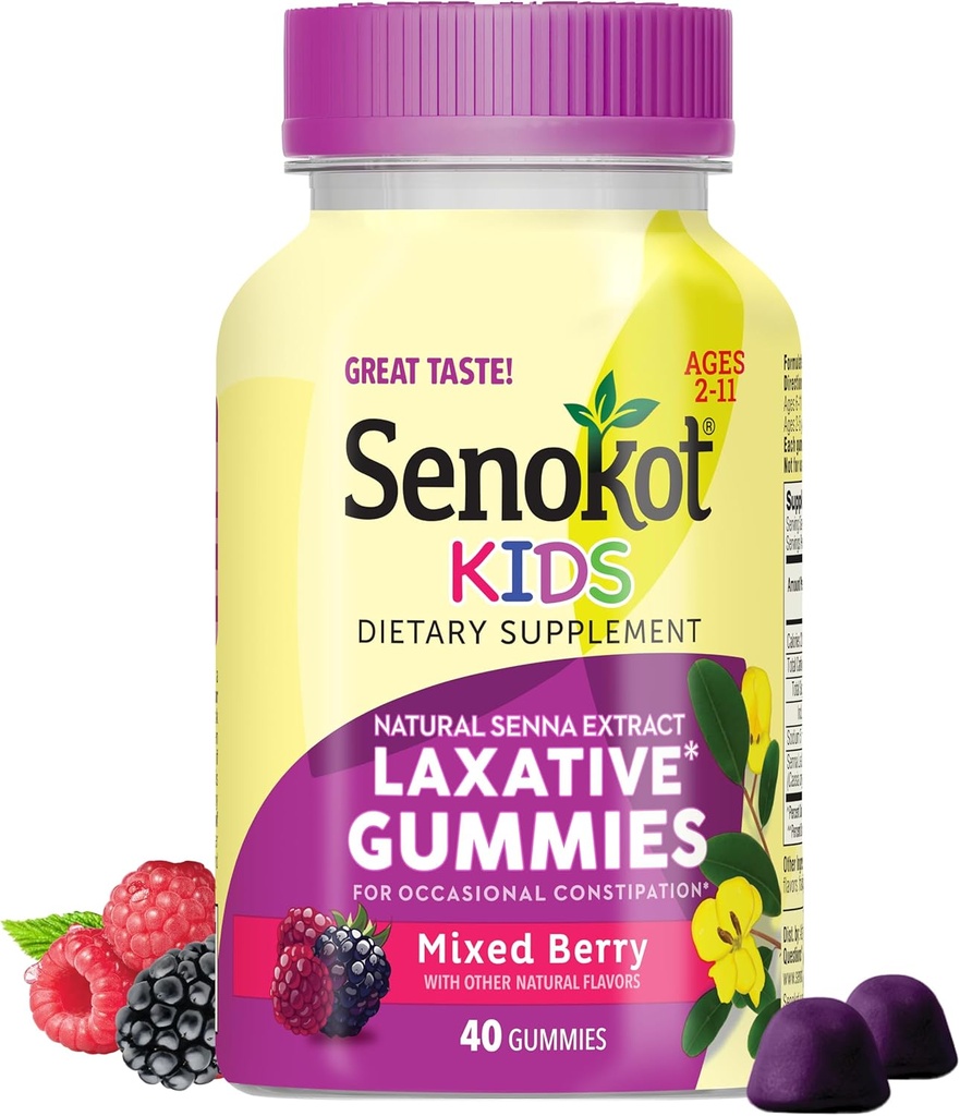 Senokot Kids Mixed Berry Laxative Gummies for Age 2+, Senna Extract for Gentle, Prenocovanie Relief from Occasional Cescape, 40 ct