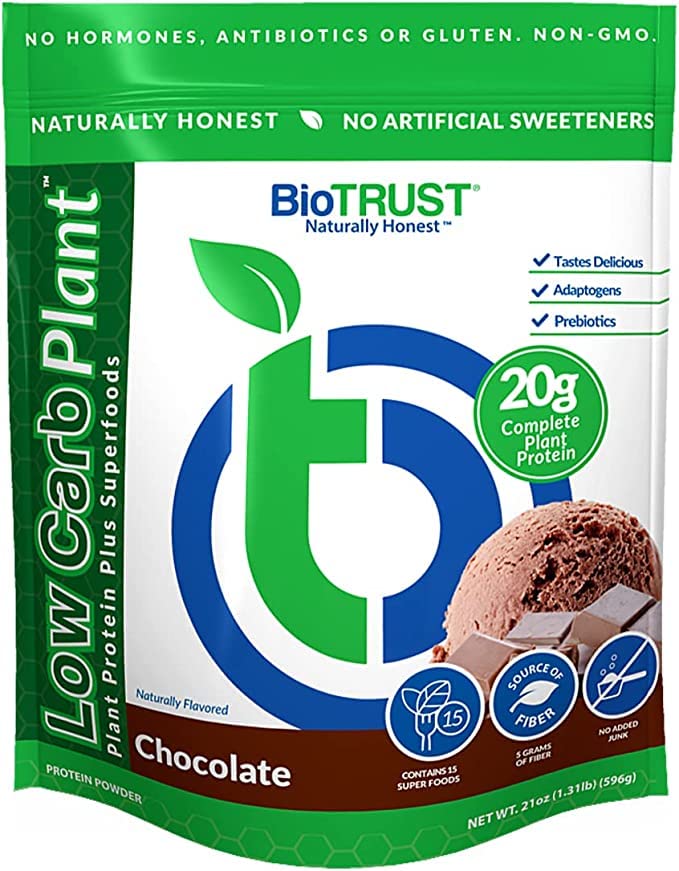 BioTrust Low Carb Plant, Delicious, Krémová, 20 Grams of Clean, Complete, Plant-Based Protein, 5 Grams Fiber, 15 Superfoods, Digestive Enzymes, Vegan, Dairy-Free - 14 Servings (Chocolate)