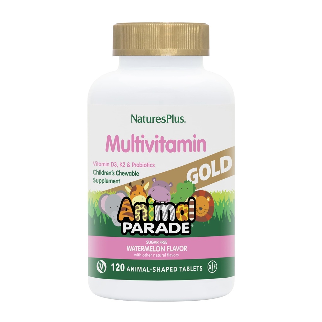 Natures Plus Animal Parade Gold Multivitamín Children as Chewables - Watermelon Flavor - 120 Animal-Shaped Tablets - Vitamín D3, K2 & Probiotiká - Vegan, Gluten Free - 60 Celkové služby