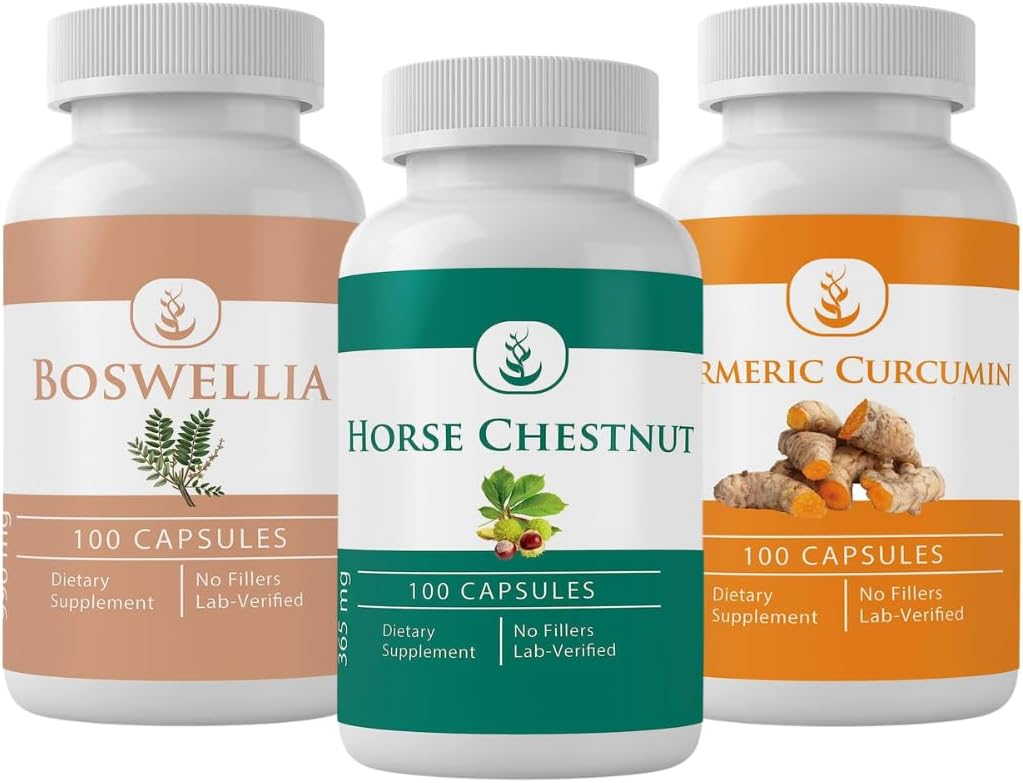 PURE ORIGINAL INGREDIENTS Horse Chestnut, Boswellia, a Turmerica Capsule Bundle, 100 Kapsule Each, Always Pure, No Additives or Fillers