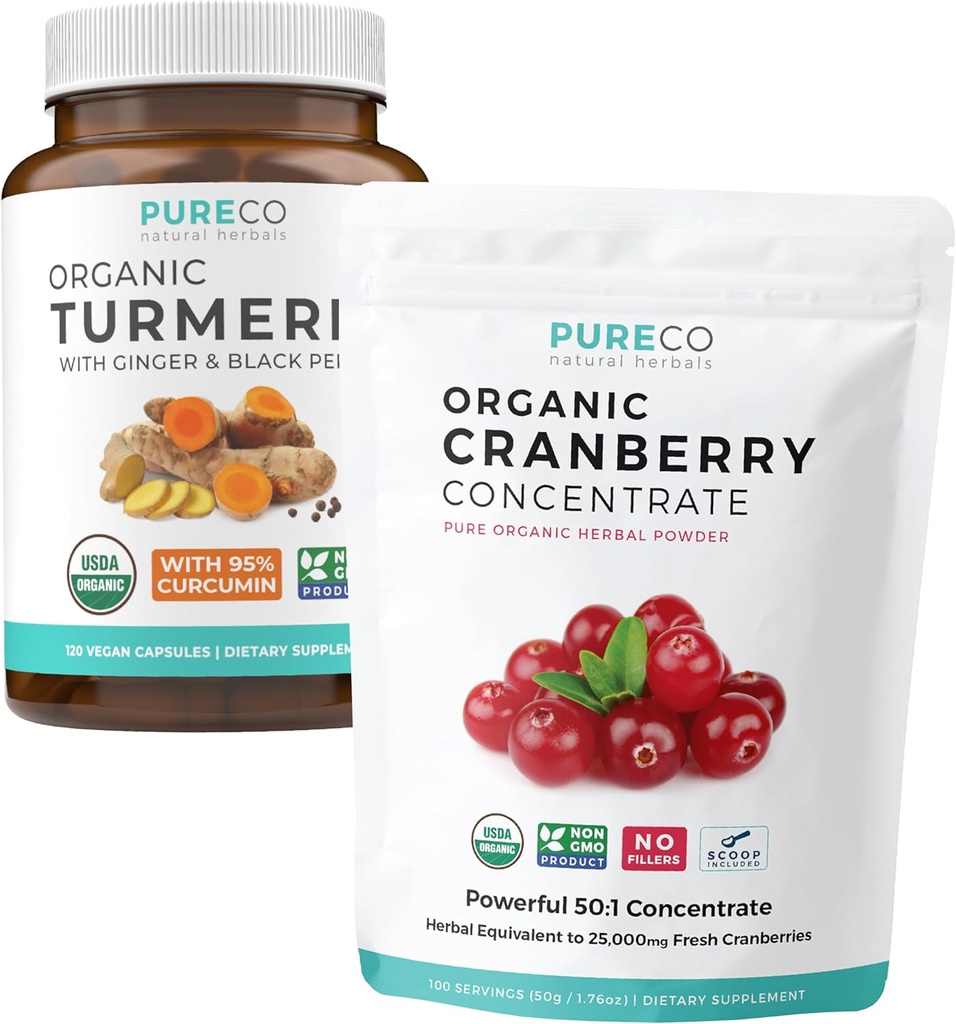 Kurkuma a brusnica prášok (3-Mesiac napájanie) Berry Turmeric Bundle of Organic Turmeric Curcumin with Black Pepper & Ginger (120 Caps) & Organic Cranberry Concentration Powder Extract (100 Scoop)