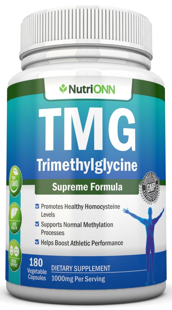 TMG Trimethylglycine Supplement - 1000mg - 180 Kapsule - Premium Pure Betaine Anhydrous - Podporuje normálne hladiny Homocysteínu a krvného tlaku - Podporuje Metylačné procesy - Non-GMO Formula