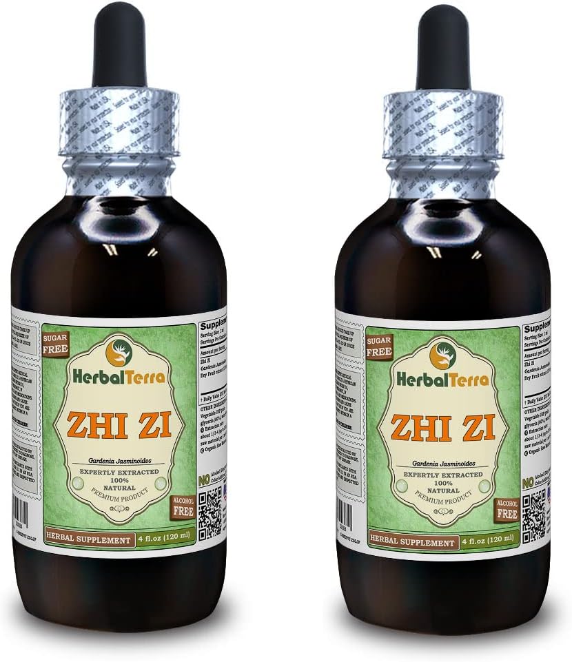 Zhi Zi, Gardenia (Gardenia Jasminoides) Glycerit, organický sušený ovocný tekutý extrakt bez obsahu alkoholu (názov rastliny: bylinný terasa, hrdo vyrobené v USA) 2x4 fl.oz (2x120 ml)