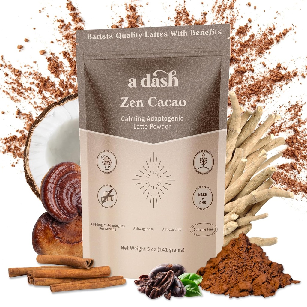 A Dash Zen Cacao Latte, Chocolate Mushrom Coffee Alternatíva vyrobené s adaptogénmi, Ashwagandha, a škorica koreňový extrakt, Huba horúce Coco s bez kofeínu (20 Servings)