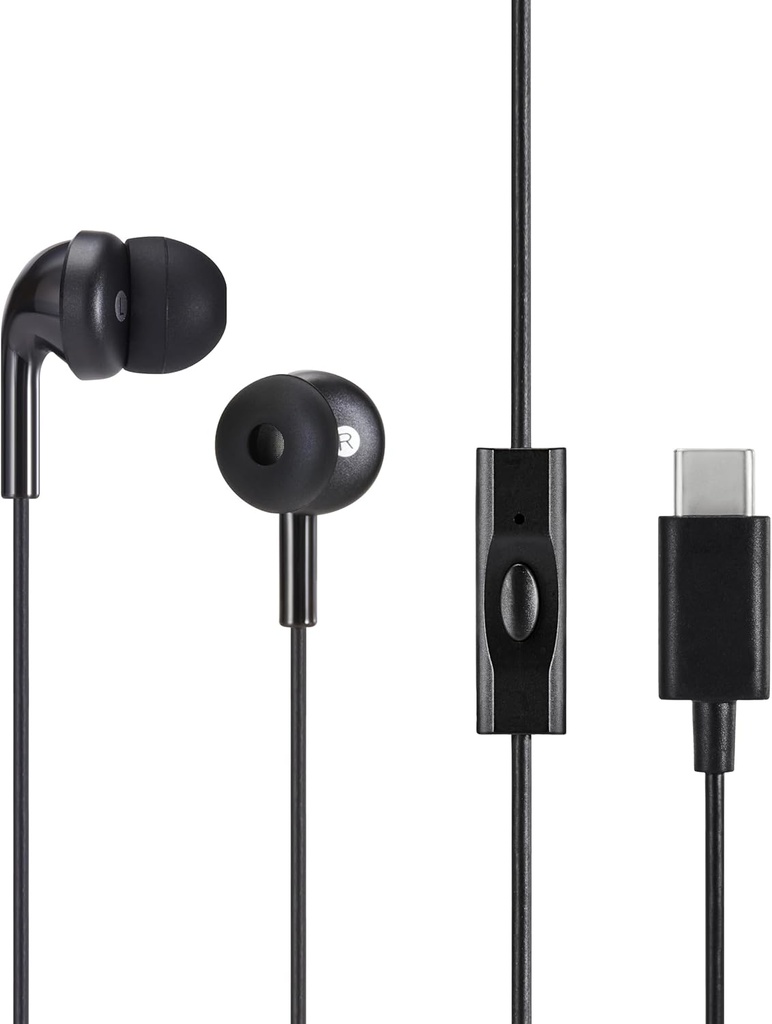 Amazon Basics Wired Earbuds s mikrofónom, v ušiach slúchadlá, USB-C, 4,2 ft dlhý kábel, S/M/L Ušné tipy, Jedna veľkosť, čierna