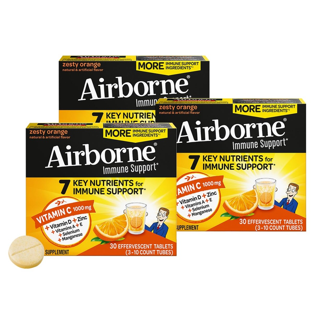 Airborne 1000 mg vitamín C + zinok bez cukru Multivitamín Imunitná podpora Šumivý šumivý nápoj Tablety, zeleň Orange Chuť s výkonnými antioxidantmi Vitamíny A C & E, 30 tabliet (3 balenia)