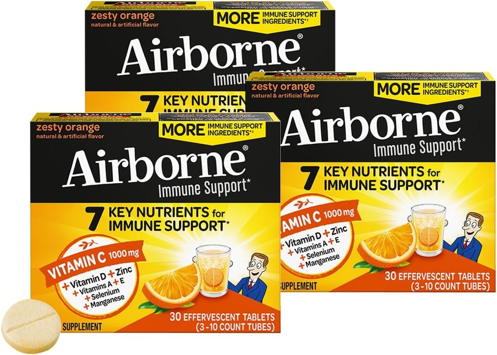 Airborne 1000 mg vitamín C + zinok bez cukru Multivitamín Imunitná podpora Šumivý šumivý nápoj Tablety, zeleň Orange Chuť s výkonnými antioxidantmi Vitamíny A C & E, 30 tabliet (3 balenia)