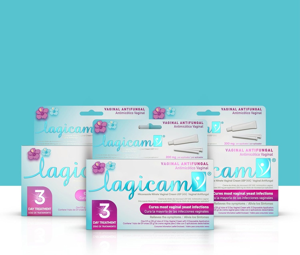 Lagicam 3 deň Kvasinková infekcia Liečba pre ženy, Začnite pracovať na 1. deň, Mikonazol Nitrate, Antimykotický Vaginálny krém pre svrbenie a podráždenie, 3 Jednorazové aplikátory a krém (Stock of 3)