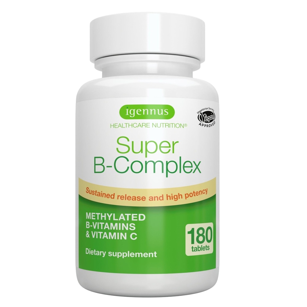 Igennus Super B- Complex Metylated B Vitamíny - trvalé uvoľňovanie, čisté označenie a vysoká absorpcia, s 5- MTHF Folát a metyl B12, Energia, Mood & Cognitive Performance, Lab Overené, 180 malých tabliet