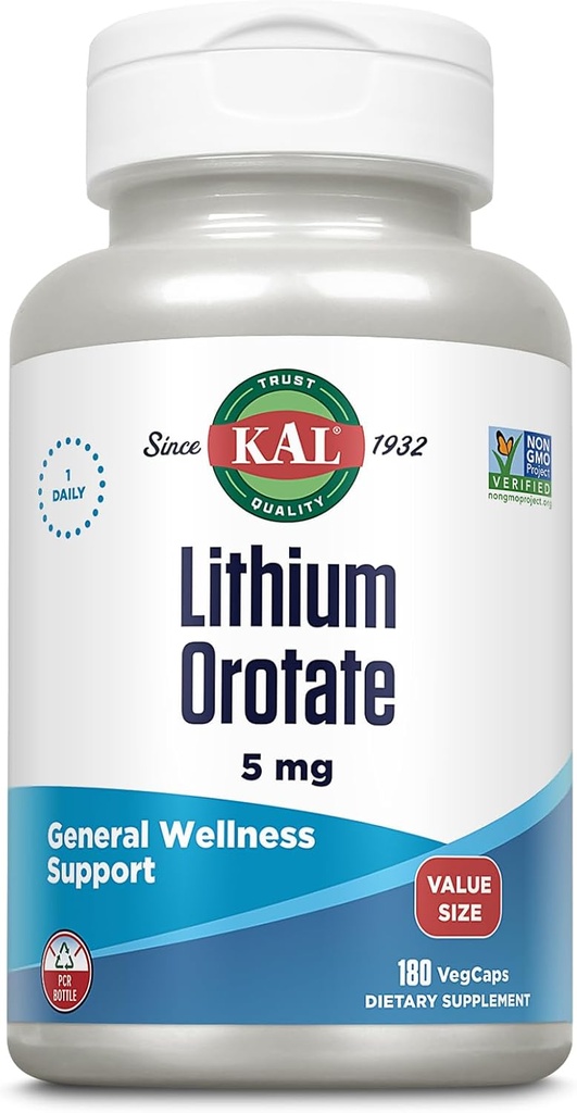KAL Lithium Orotate 5mg, Low Dose Lithium Supplement for General Wellness Mood Support, Highly Bioavailable, Vegan, 60-Day Guarantee, 180 Servings, 180 VegCaps