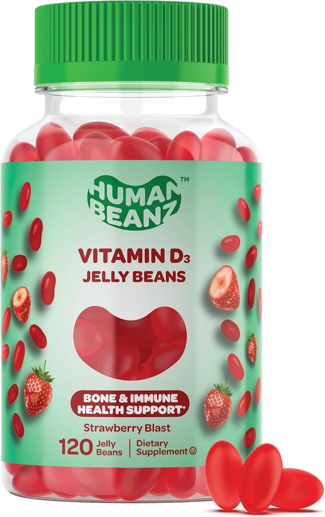 Vitamin D3 Jelly Bean Gummies for Adults, Immunity Support, 2000 IU Vitamin D, Nutritional Vegetarian Supplements, 120 Strawberry Blast Jelly Beans, Kosher