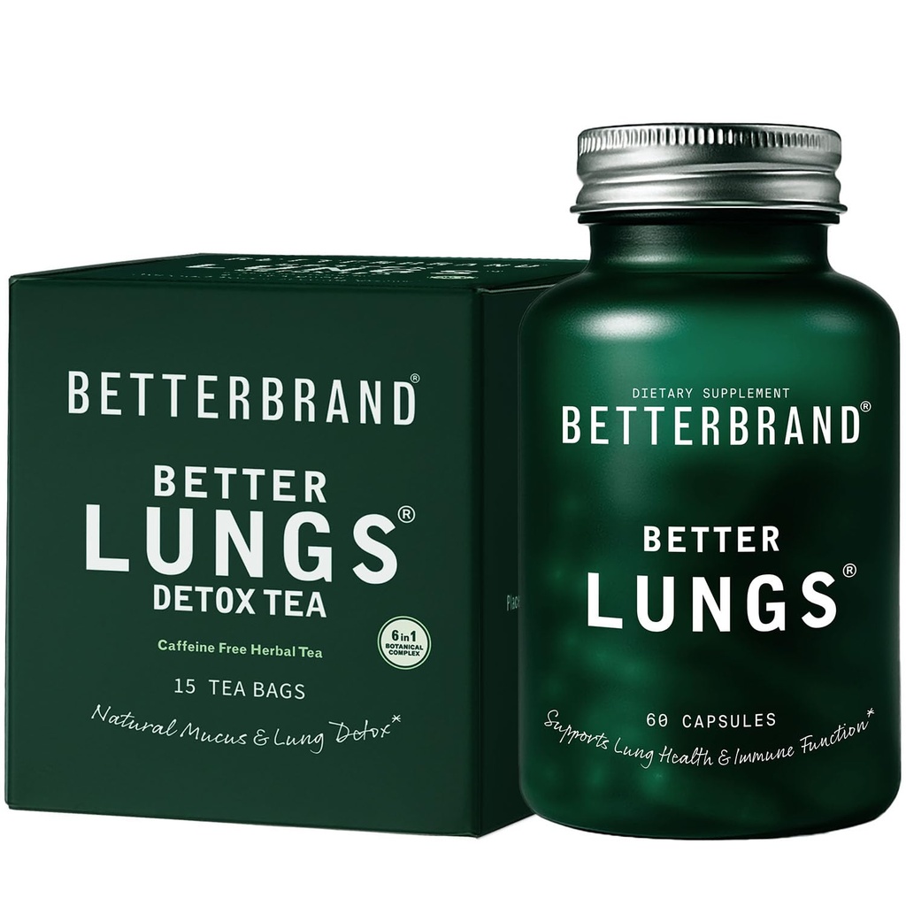 Betterbrand Better Lungs Health Pack - BetterLungs & BetterLungs Detox Tea Bundle - Denné Resporatory Health Supplement - 15X Bylinné čajové tašky + 60 Kapsule