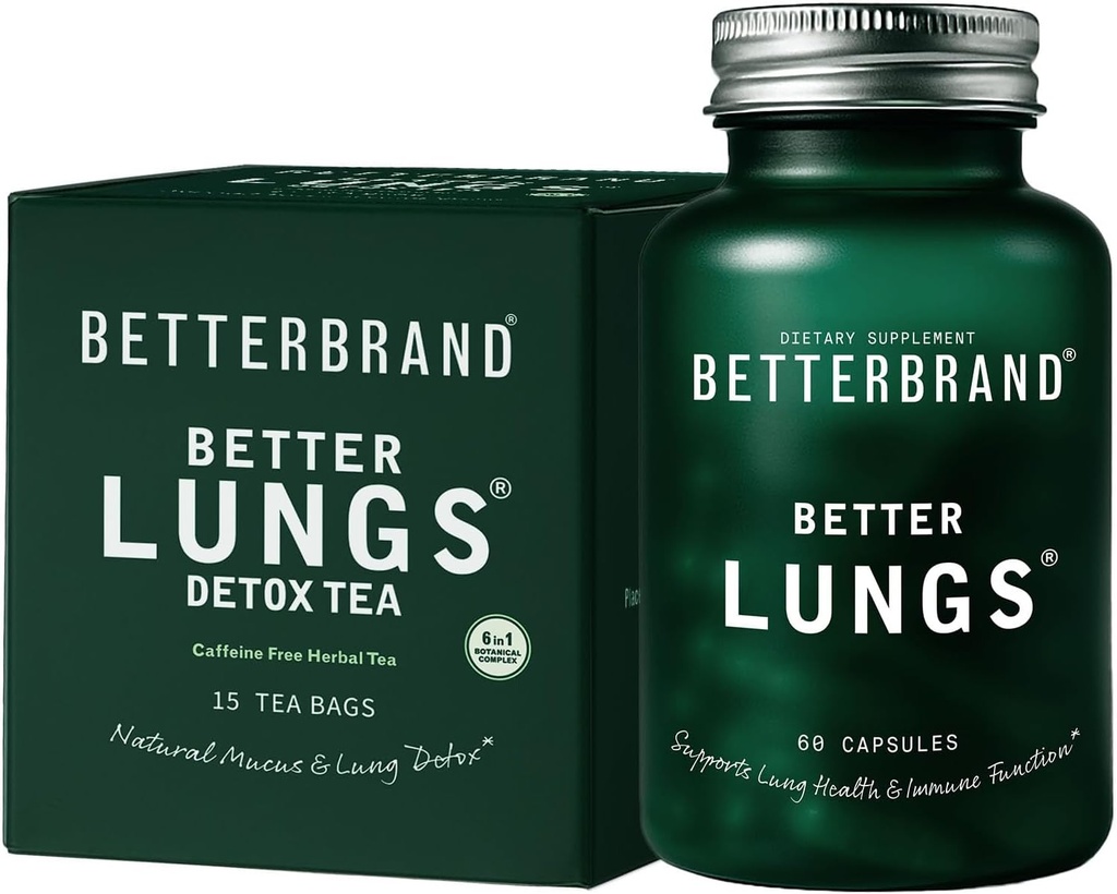 Betterbrand Better Lungs Health Pack - BetterLungs & BetterLungs Detox Tea Bundle - Denné Resporatory Health Supplement - 15X Bylinné čajové tašky + 60 Kapsule