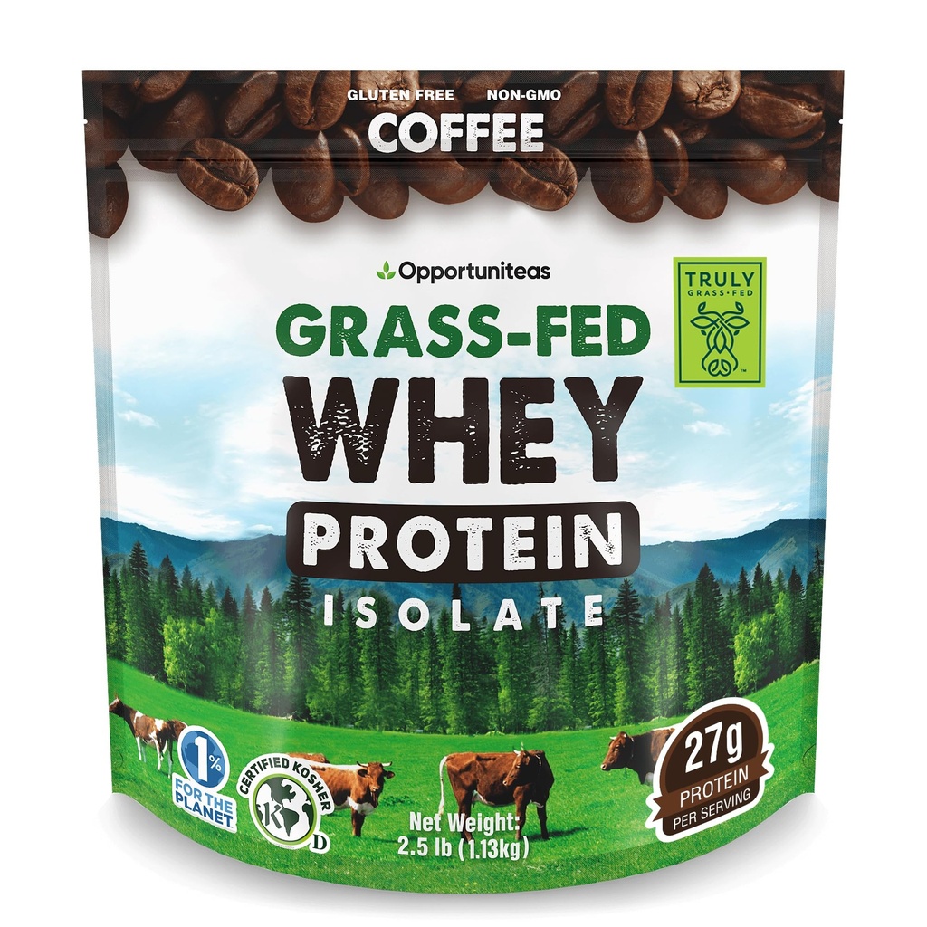 Opportuniteas Grass Fed Coffee Srvátka Proteín Izolát Prášok - 27g Proteín Prášok Bez umelých sladidiel, Kravy bez hormónov, Non GMO - 2,5lb