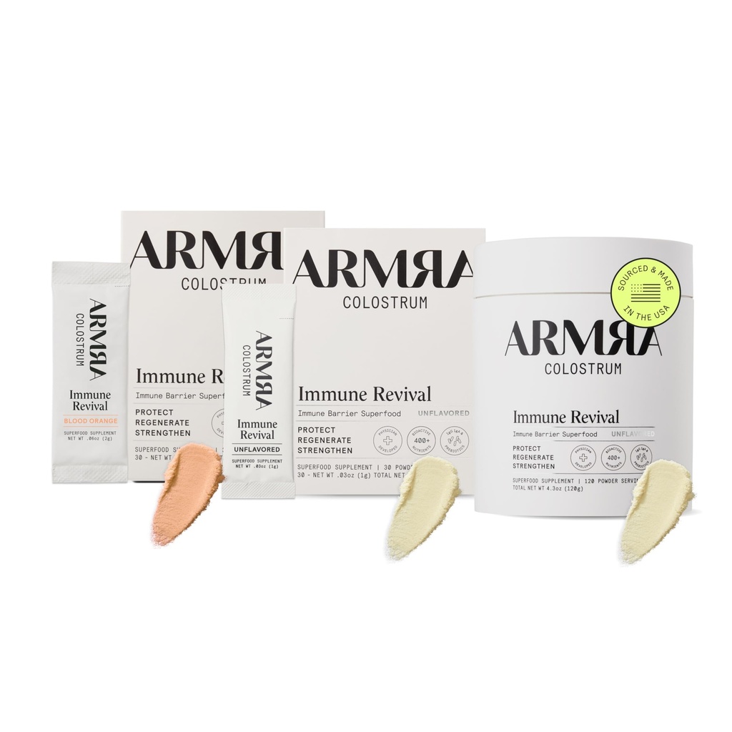 ARMRA ColostrumTM Premium Powder, Grass Fed, Gut Health Bloating Imunity Skin & Hair, Obsahuje 400+ Bioactive Nutrients, Keto, Gluten & Fat Free (Blood Orange, Neochutené Bundle 180 Servings)