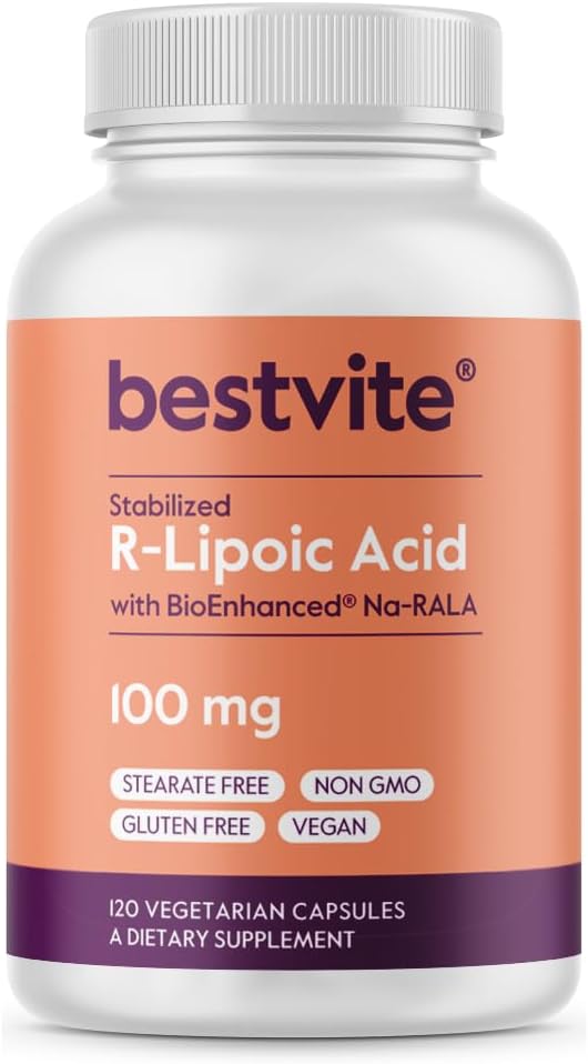 BESTVITE R-Lipoic Acid 100mg Stabilizovaná s Bio-Enhanced® Na-RLA (120 Vegetariánske kapsule) No Stearantes - No Flow Agents - Vegan - Non-GMO - Gluten Free