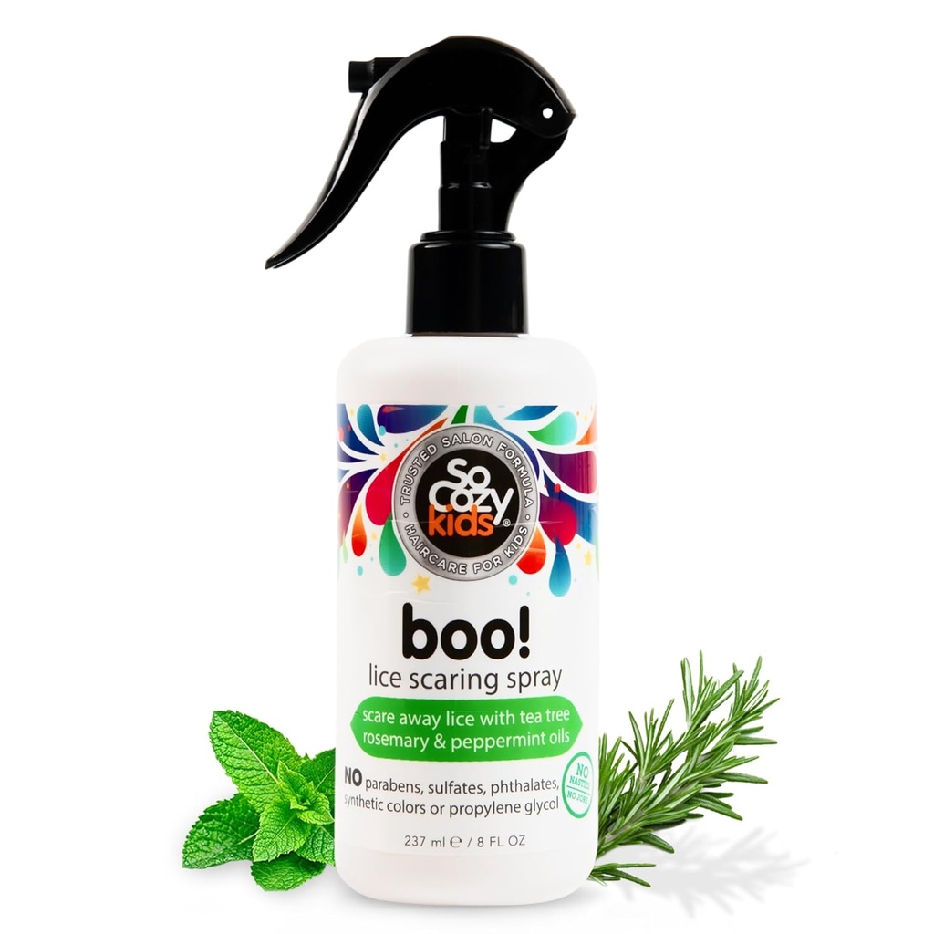 SoCozy Boo Lice Spray Spray pre deti vlasy, Efektívna liečba vši (8 Fl Oz) Klinicky preukázané, že repelovať vši, Kondicionovanie sprej s olejom z čajovníka, rozmarínový olej a keratín, Paraben a sulfate zadarmo