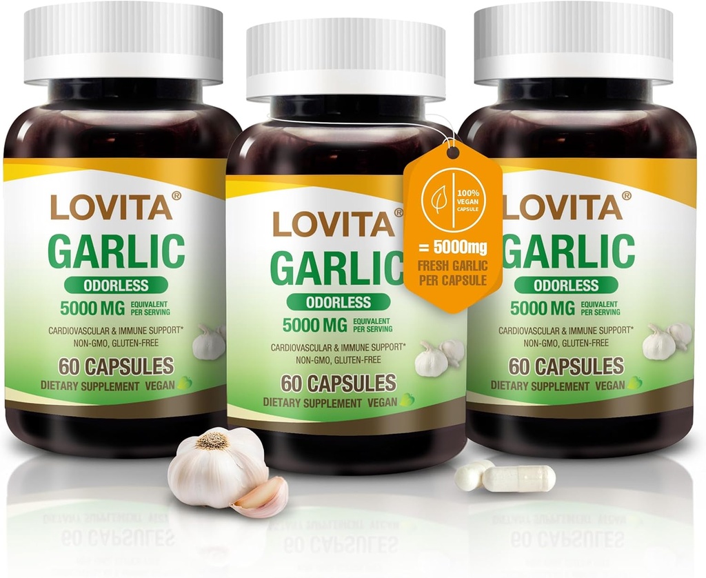 Lovita Odorless Cesnak Kapsule, 5000mg Fresh Cesnak Ekvivalent, 1,25% Allicin Extract, Supports Heart, Krvný tlak, Cholesterol & Immune System, Non-GMO, Gluten-Free, 180 Vegan Kapsule