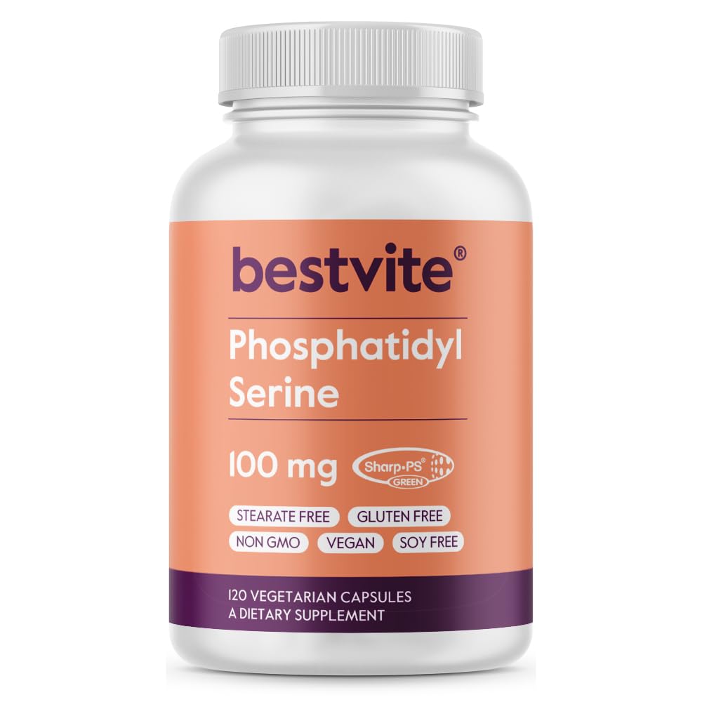 BESTVITE Fosfatidylserín 100 mg v kapsule (120 Vegetariánske kapsuly) s Sharp-PS® Green - patentované a klinicky testované - Stearate Free - Soy Free - Gluten Free - Vegan - Non GMO