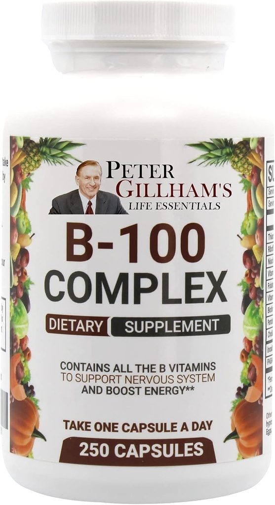 Vyvážený vitamín B komplex 100 mg 250 Kapsule, Energetická a metabolická podpora. Obsahuje všetky B vitamíny Peter Gillham život nevyhnutné,