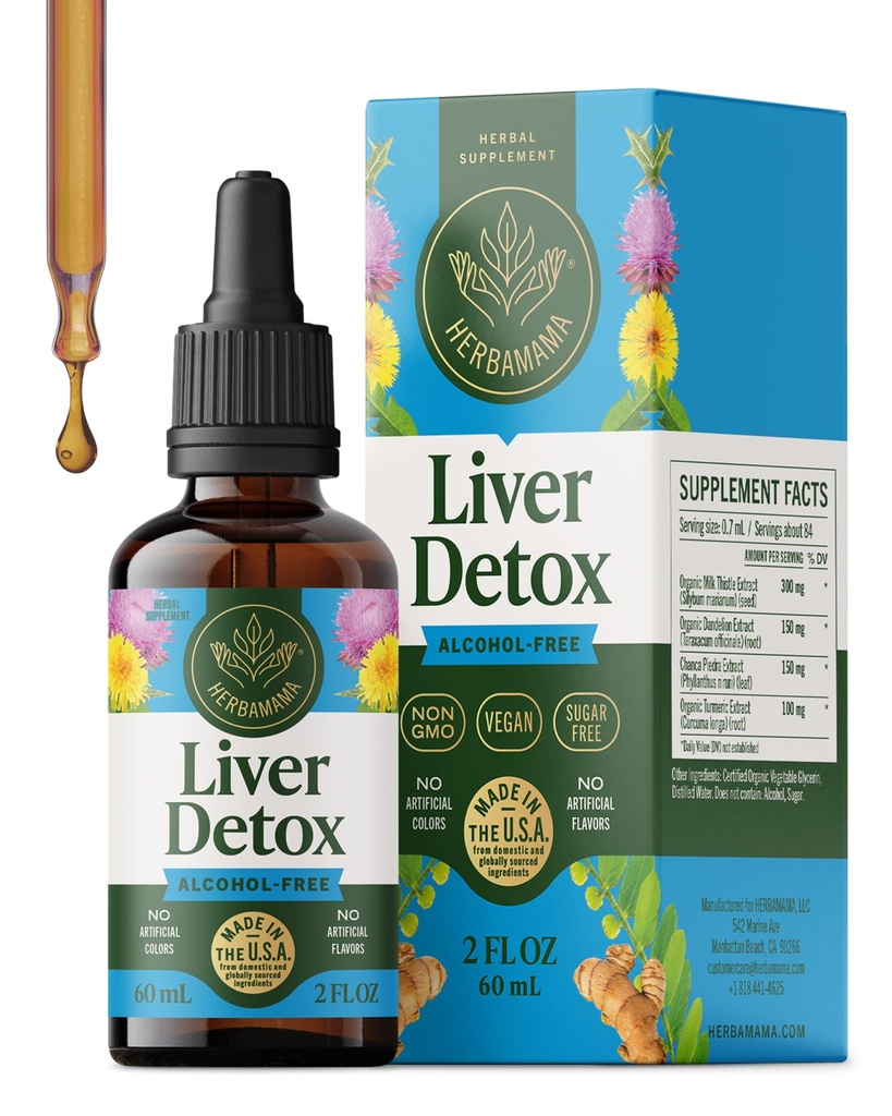 HERBAMAMA Pečeň čistí Detox a opravy - Pečeň podpora doplnok - Tekuté kvapky s mliekom bodka, púpava koreňová & Chanca piedra - Alkohol a bez cukru Liquid Cleaise Supplement, 42-Deň dodávky