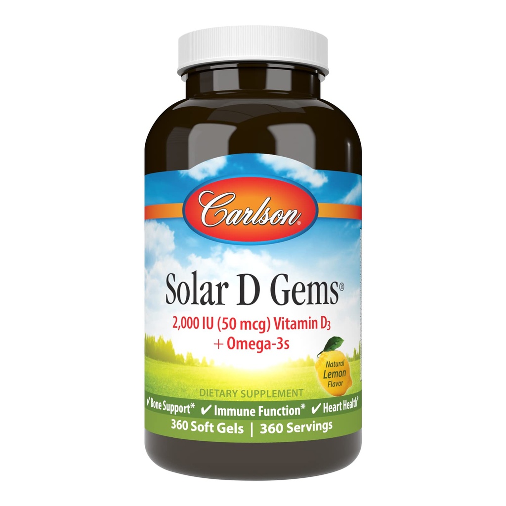 Carlson - Solar D Gems, Vitamín D3 a Omega-3 Supplement, 2000 IU (50 μg) Vitamín D3, 115 mg Omega-3s EPA a DHA Supplement, Wild Caught, Udržateľne Zdroj, citrón, 360 Softgels