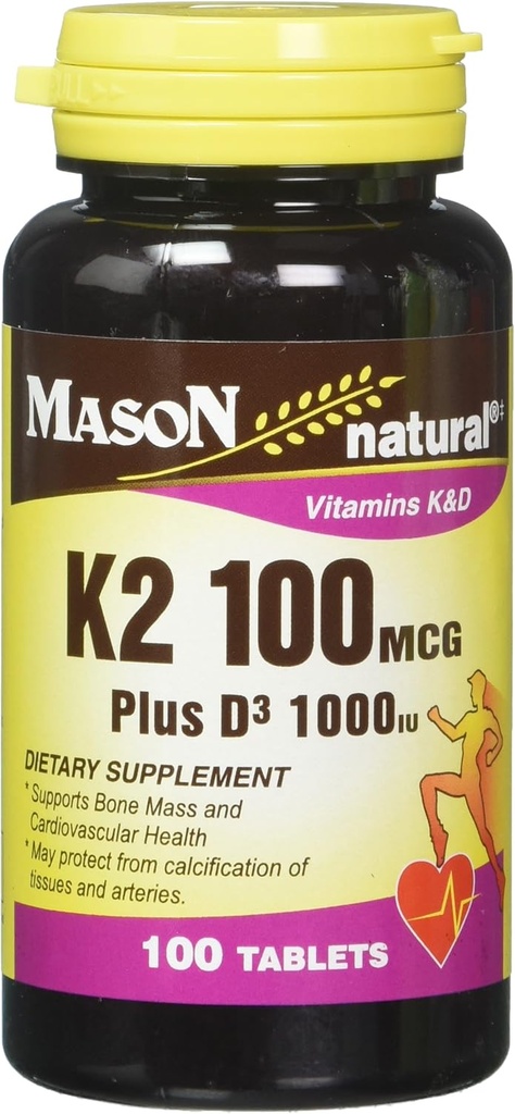 Mason Natural Vitamin K2 100 mcg Plus D3 1000 IU Tablety 100 g v balení po 3 celkovo 300 tabliet