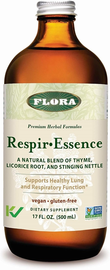 Flora - Respir-Essence - Podpora Lung & Respiration Health - Obsahuje thyme, Licorice Root, Elecampane & More - Non-GMO, Vegan, Gluten-Free & Kosher - 17 fl. oz. Sklenená fľaša