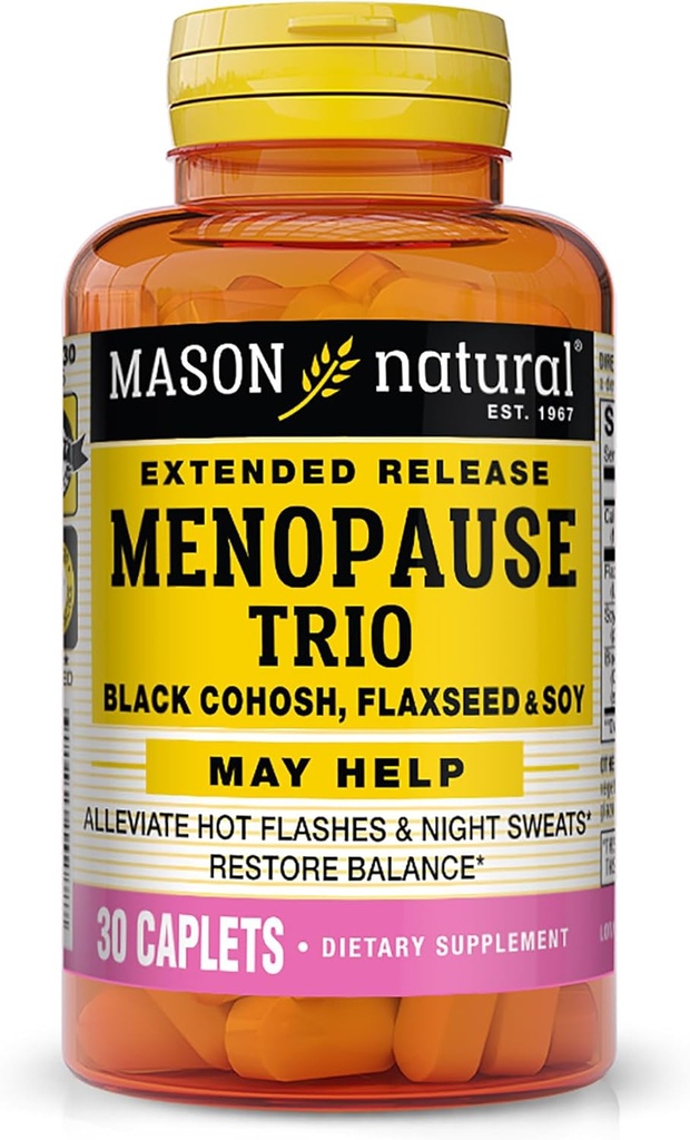 Mason Natural Menopause Trio: Black Cohosh, Ľanové semeno, & Soy (Extended Release) - May Alleviate Hot Flash & Night Sweats*, podporuje zdravý Hormone Balance*, 30 Caplets