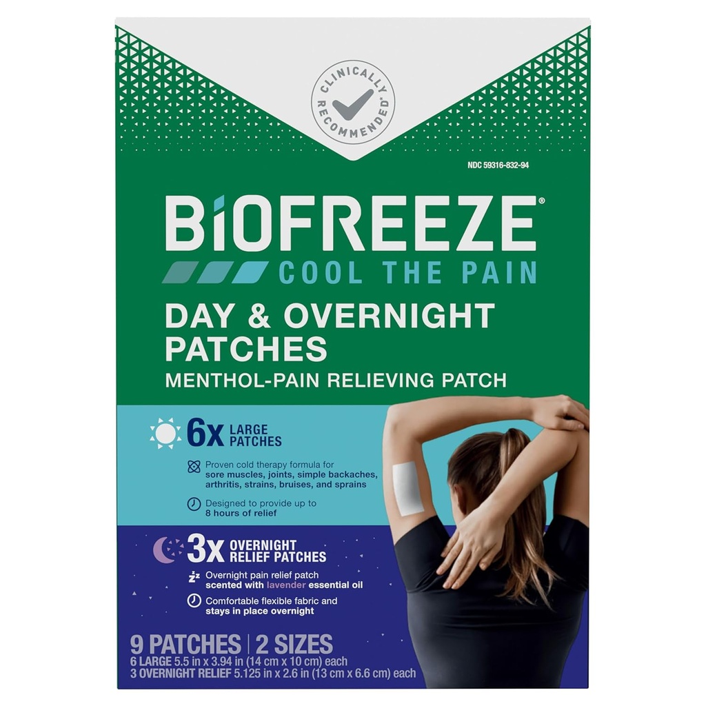 Biofreeze Day & Jednodňová úľava od bolesti Patches, Mentol Pain Patches for Artritída & Muscle Pain Relief, Pohodlné a flexibilné tkaniny Pobyty na mieste, FSA/HSA oprávnené, 9 Patches (6 dní, 3 noci)