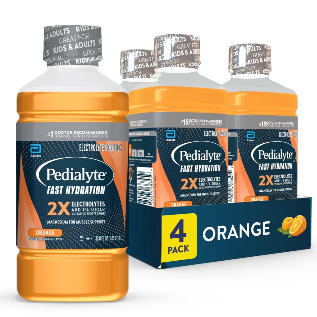 Pedialyte Fast Hydration Electrolyte Solution, Orange, Hydratácia Nápoj, 33,8 Fl Oz (Stoj zo 4)