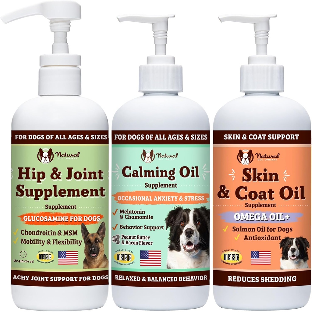 Natural Dog Company Wellness Bund$le for Psy, Food Toppers, Liquid Supplements with (1) Skin & Coat Oil, (1) Tekutý glukozamín, (1) Upokojujúci olej