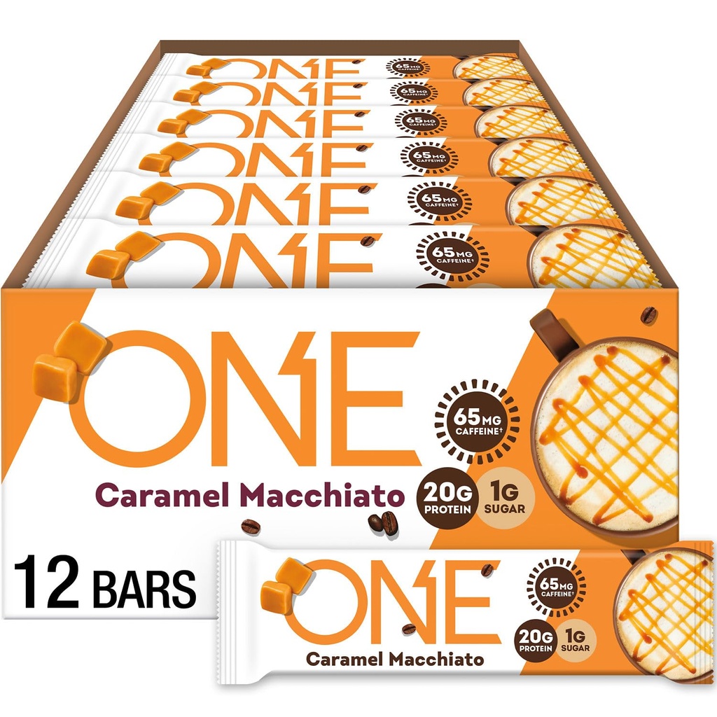 ONE Coffein Shop Kofeínové proteínové tyčinky, Caramel Macchiato, Gluten Free with 20g Protein and 65mg of Caffeine Energy, Pantry Staples, 2,12 oz (12 count), Packaging May Vary