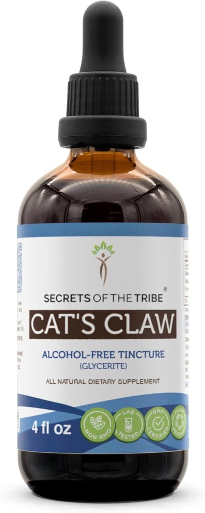 Tajomstvá Tinktúry mačky Tinktúry alkohol-bez tekutého extraktu, Wildcrafted Cat's Claw (Uncaria Tomentosa) Sušené vnútorná kôra (4 FL OZ)