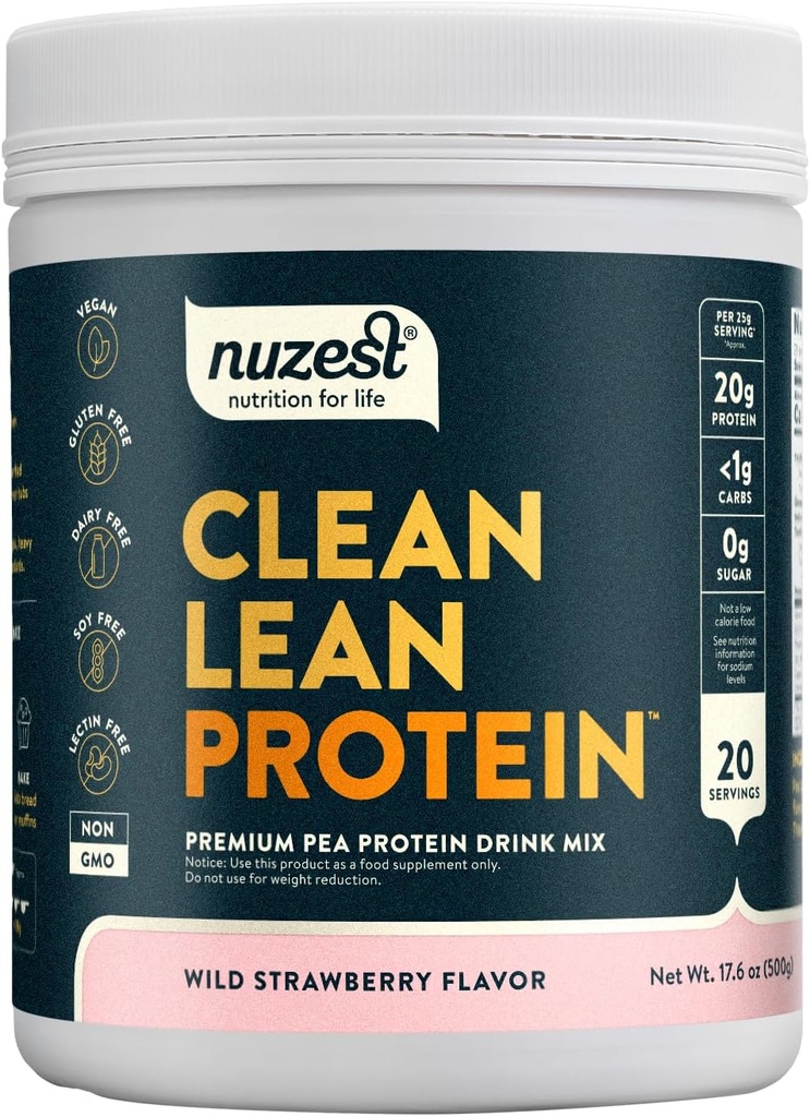 Nuzest - Pea Protein Powder - Clean Lean Protein, Premium Vegan Plant Based Protein Powder, Dairy Free, Gluten Free, GMO Free, Protein Shake (1,1 libra (pack of 1), Wild Strawberry)