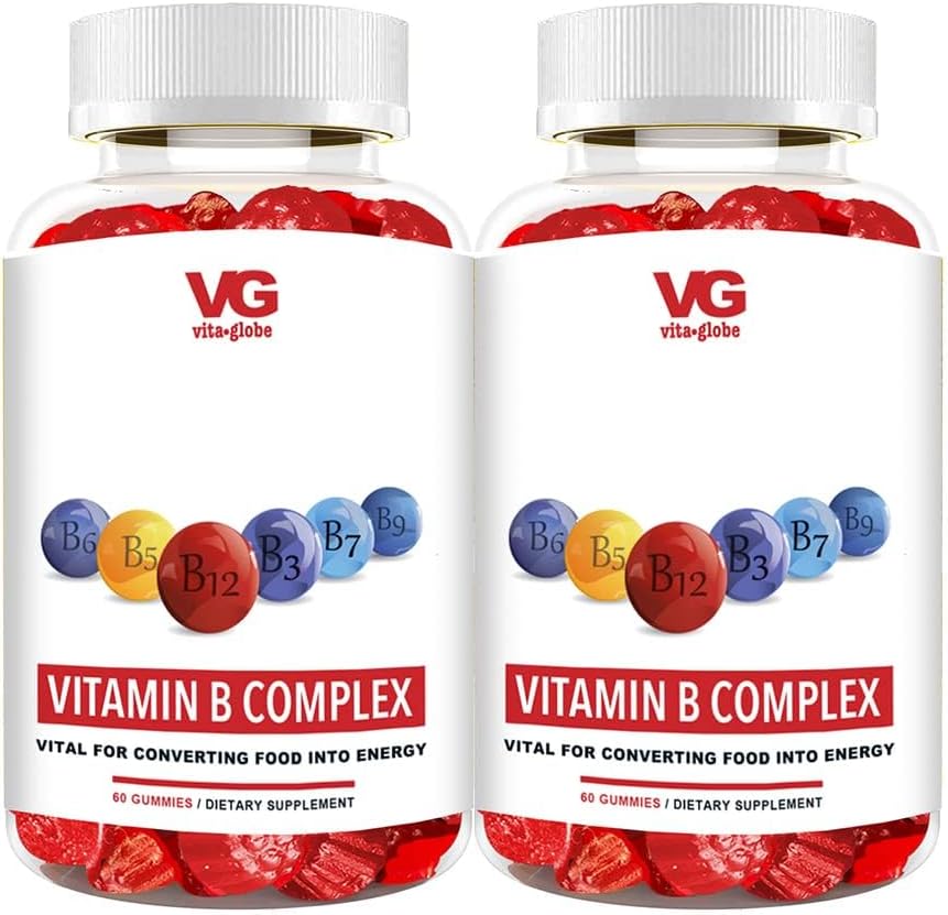 VITA GLOBE B Complex Gummy Vitamíny - Jahodová chuť s vitamínom C, Niacín, B6, B12 a biotín pre energiu, zdravie srdca a podporu mozgu, 120 grófov (séria 2)