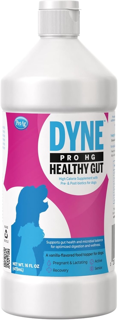 PetAg Dyne PRO HG Zdravá Gut pre psy a šteniatka 8 týždňov a staršie - 16 oz - Vysoká kalória Liquid Nutritional Supplement with Pre- & Post-Biotics - Supports Endurance & Gut Health - Sweet Vanilla Flavor