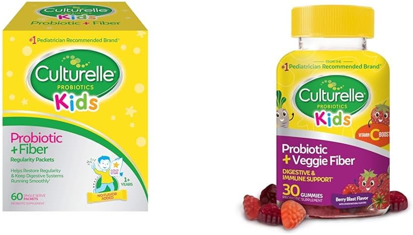Culturelle Kids Probiotic + Fiber Pakets (Ages 3+) - 60 Počet a denné probiotiká pre deti + Veggie Fiber Gummies (Ages 3+) - 30 Počet - Tráviace zdravie a imunitná podpora Berry chuť s vitamínom C