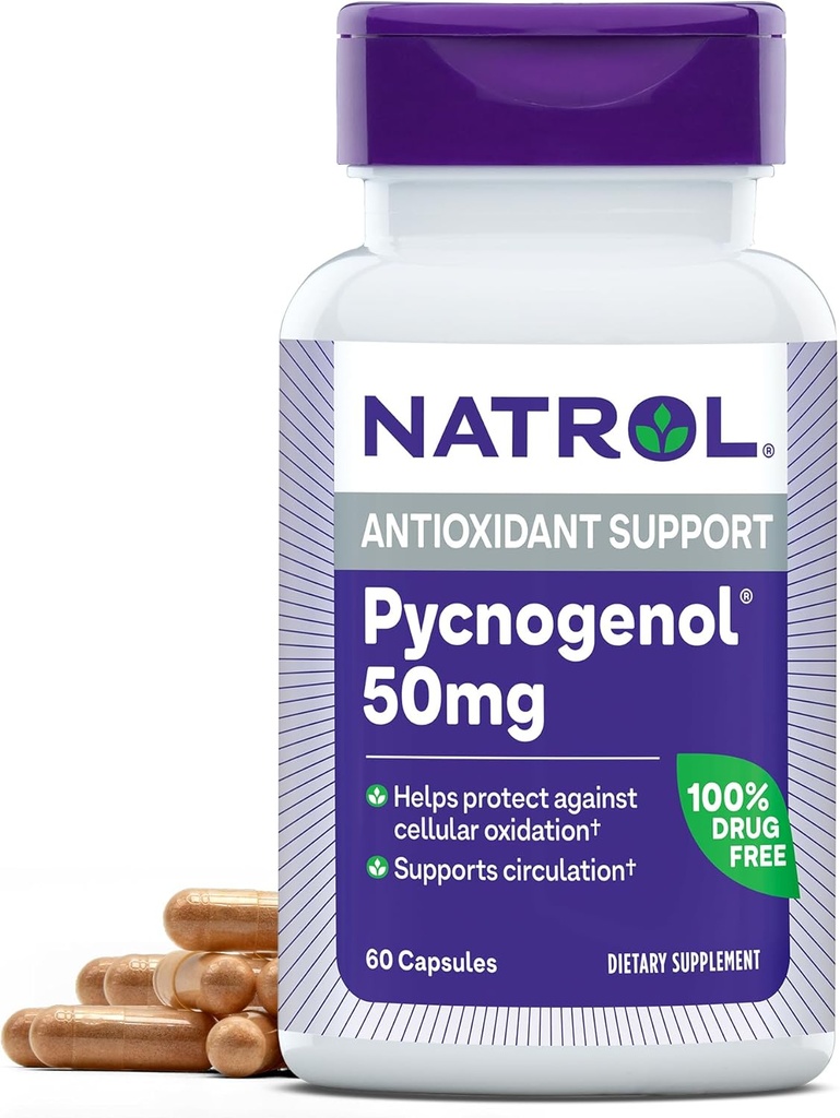 Natrol Pycnogenol Kapsule, Antioxidačná ochrana, Doplnok chráni proti bunkovej oxidácii a vekovo súvisiace škody, European Maritime Pine Bark Extract, Podpora cirkulácie, 50 mg, 60 Počet