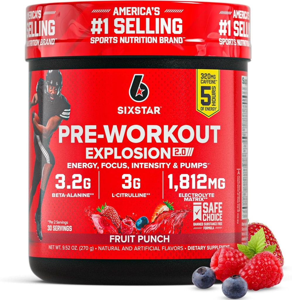 Six Star Pre-Workout Powder for Men & Women, Fruit Punch (30 Servings) - Preworkout Explosion 2.0 Energy Powder Drink Mix with Beta-Alanine & Caffeine - Sports Nutrition Supplement Products