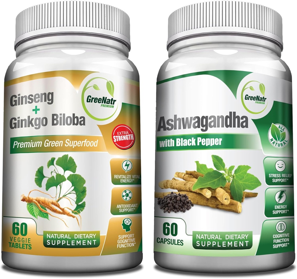 GreeNatr Premium Bundle pre Holistic Well-Being: Organic Ashwagandha kapsule, s Black Pepper pre zmiernenie stresu, Plus ženšen + Ginkgo Biloba tablety, tradičné energetické Booster.